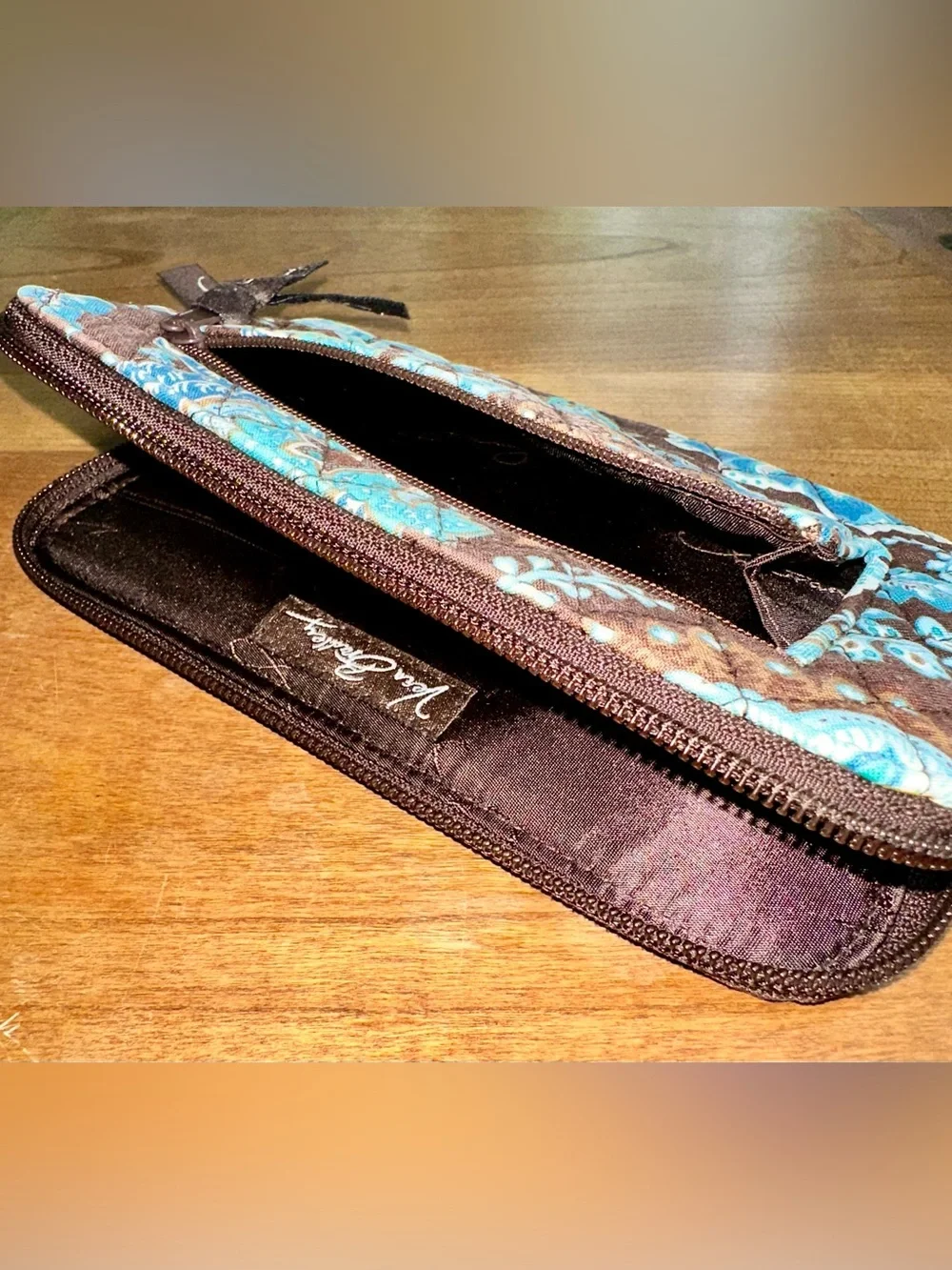 Vera Bradley Brown & Blue (Java Blue Pattern) Floral Zip Wallet Wristlet